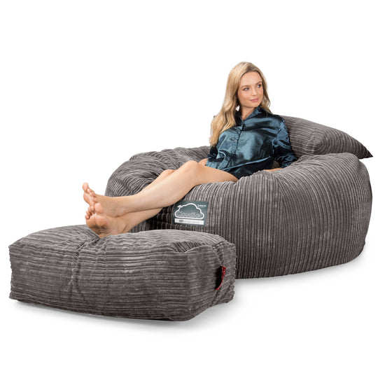 LOUNGE PUG, CloudSac 1010 XXL - XXL sedací vak ve tvaru pohovky z paměťové pěny (NOVÝ DESIGN),Manšestr Tmavomodrá šeď