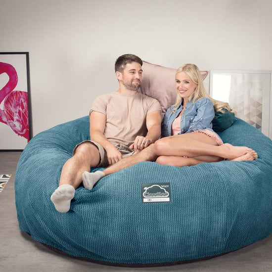 LOUNGE PUG, CloudSac 3000 XXXL - obří sedací vak ve tvaru pohovky/dvousedačky z paměťové pěny (King Size),Pom pom Modrozelená