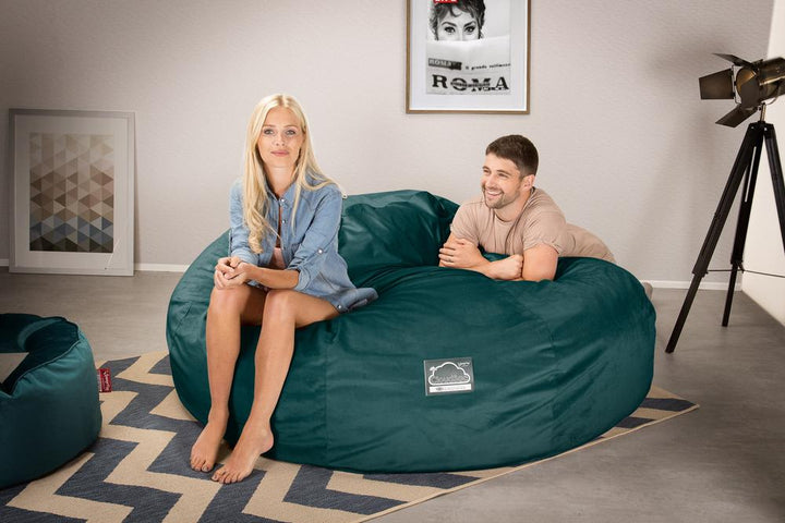 LOUNGE PUG, CloudSac 3000 XXXL - obří sedací vak ve tvaru pohovky/dvousedačky z paměťové pěny (King Size),Samet Tyrkysová