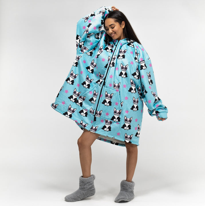Oversized Mikina pro Dospělé s Kapucí s Funkcí Přikrývky Zip - Minky Mops 01
