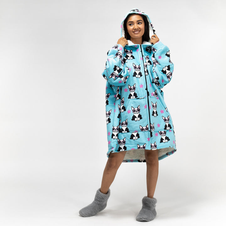 Oversized Mikina pro Dospělé s Kapucí s Funkcí Přikrývky Zip - Minky Mops 02