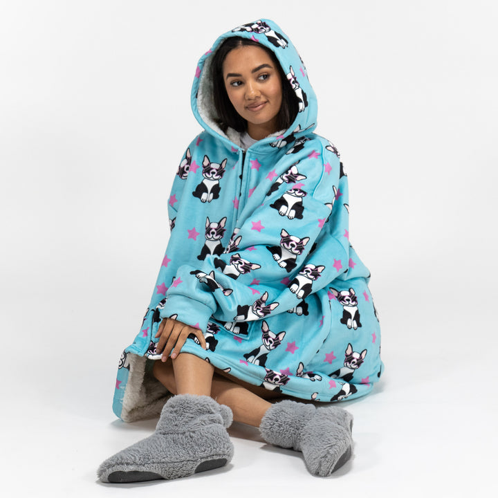 Oversized Mikina pro Dospělé s Kapucí s Funkcí Přikrývky Zip - Minky Mops 04