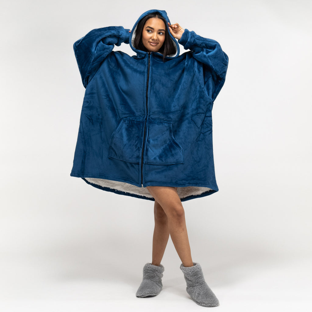 Oversized Mikina pro Dospělé s Kapucí s Funkcí Přikrývky Zip - Minky Tmavě modrá 01