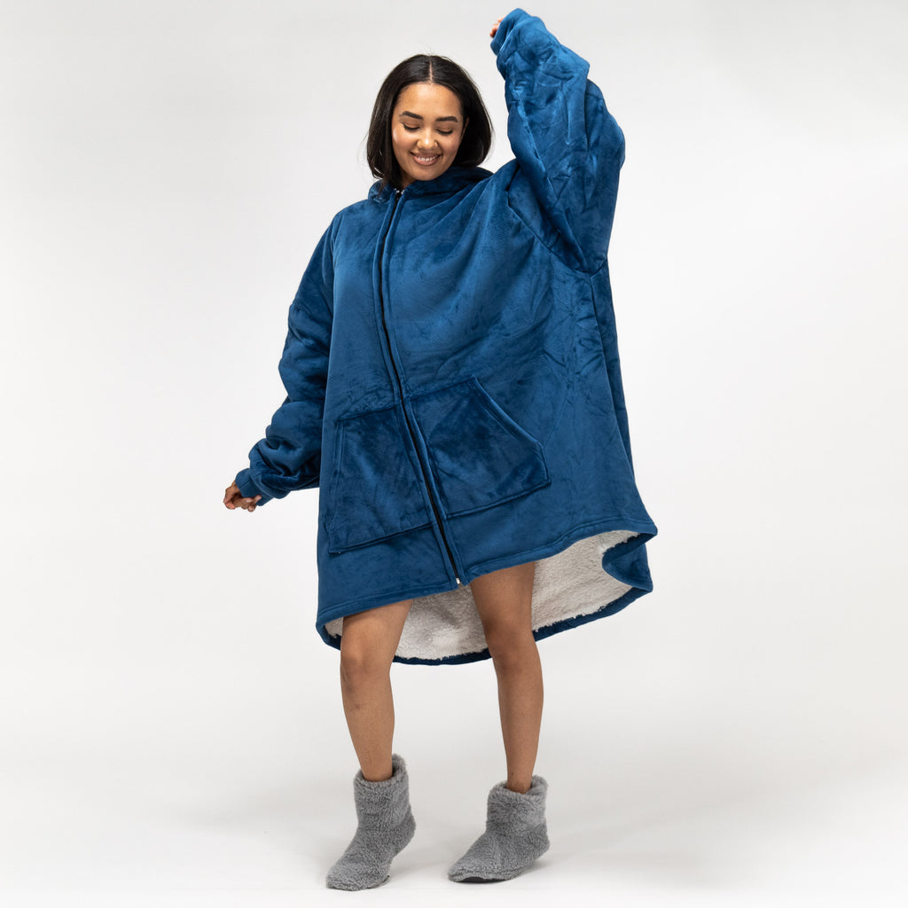 Oversized Mikina pro Dospělé s Kapucí s Funkcí Přikrývky Zip - Minky Tmavě modrá 02